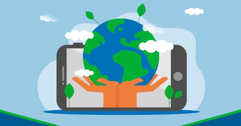 Earth Day Hero Animated image of cell phone with image on phone of hands holding a globe