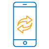 Blue and orange icon of a mobile phone with orange arrows on the screen