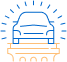 Orange and blue icon of a car seating on top of a pedestal