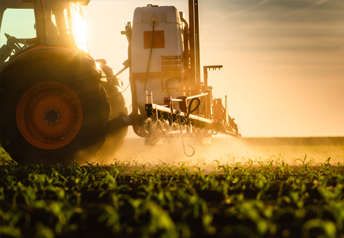 Tractor spraying pesticides on corn field with sprayer at spring