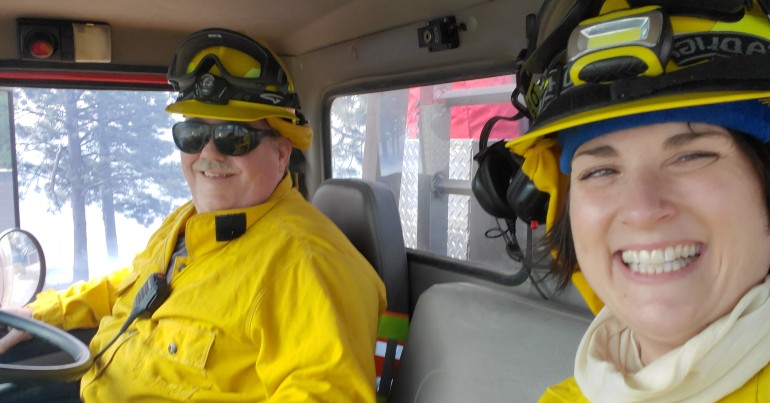 Lindsay Brown and fire chief selfie in fire truck
