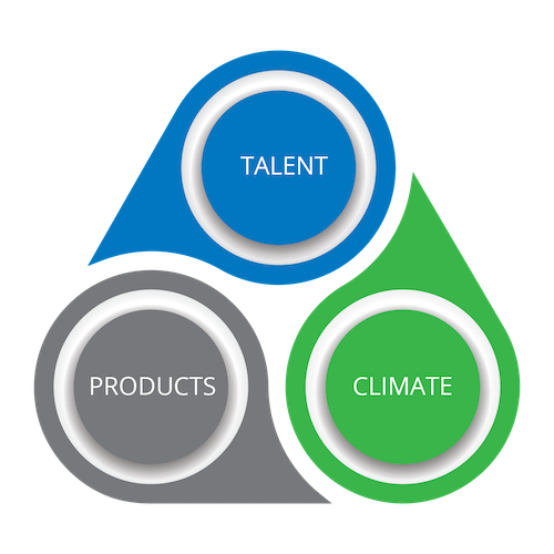 Triangle Graph Graphic showing three pillars of our future strategy with the words talent, products and climate
