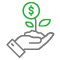 Social Impact Investment Icon Icon showing a set of hands holding a tree with a dollar sign