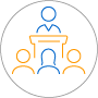 Management Exterior circle outline with an interior outline of 3 people looking at a person on a podium