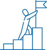 Blue icon of a person walking up a set of stairs to reach a flag